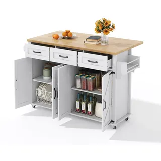 OKWISH Kücheninsel mit klappbarer Arbeitsplatte,Stauraum, Schubladen & Handtuchhalter,mobile Arbeitsfläche&Bar,rustikaler Scheunenstil, 140x70x90 Weiß+Natur