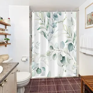 Duschvorhang Grün, Uiiooazy Duschvorhang Eukalyptus 150x200cm Blau Blätter Weiß Blumen Pflanzen Duschvorhänge Anti Schimmel Wasserdicht Polyester Stoff Waschbar Bad Vorhang mit 10 Haken für Badezimmer