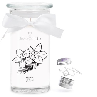 JuwelKerze Fleur de Monoi Armband Silber - Schmuckkerze 80 Std - große Duftkerze im Glas mit Kokosnuss Duft - Kerze mit Schmuck - Geschenke für Frauen, Geburtstag