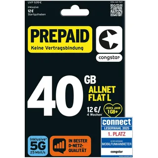 congstar Prepaid ALLNET L SIM-Karte ohne Vertrag I 40 GB Vielsurfer Prepaid-Paket + 40€ Wechselbonus, in D-Netz Qualität für Einsteiger I 5G mit 25 Mbit/s I Telefonie & SMS Flat in alle dt. Netze