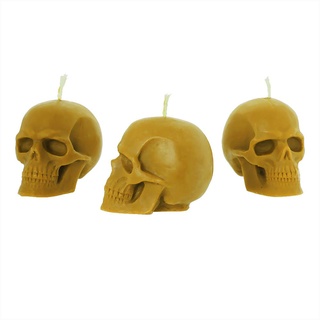 NKlaus 3x Kerzenset Totenkopf Gelb aus biologich reinem Bienenwachs Gothik Kerze bunte Figurenkerze Skull Halloween Ritualkerze Tropfkerzen 36293