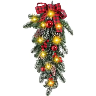 Türkranz Weihnachten Außen Beleuchtet,LED Weihnachtskranz Haustür Weihnachtstürkranz mit Weihnachtskugeln Tannenzapfen Schleifen Weihnachtsdeko Türkranz mit Beleuchtung für Treppen Fenster (C)