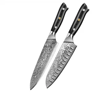 KingLux Damastmesser 2tlg. Damast Küchenmesser Set Damaststahl Santoku Chefmesser schwarz