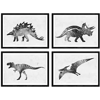 POSTER Set mit 4 schwarze Dinosaurier A4 Schwarzer Rahmen