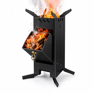 Raketenofen Klein, Tragbarer Rocket Stove, Holzofen Outdoor (Schwarz) | Kanonenofen mit Kochgeschirrhalterung, Zusammenklappbarer Hobo Kocher, Camping Feuerschale für Camping, BBQ, Dutch Oven