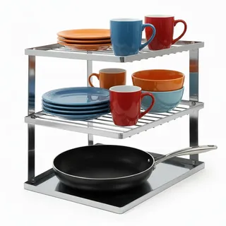 Tellerregal für Küchenschrank 3 Etagen Eck 25x25cm – Joeji's Silber | Eckschrank Organizer Küche, Geschirrständer Teller stapeln, Schrankteiler Küchenregal ausziehbar, Eckregaleinsätze