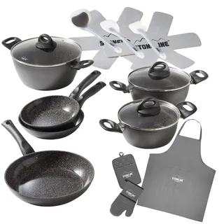 Topf-Set STONELINE "STONELINE 17-teiliges Koch-Set, mit Glasdeckeln", schwarz (grau), Töpfe, mit echten Steinpartikeln, induktionsgeeignet