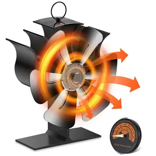 BlingBin Kaminventilator Ofenventilator Ohne Strom, Leiser Kamin Ventilator Kaminlüfter, 6 Flügel Leiser Ofenventilator mit Thermometer für Holz/Holzofen schwarz