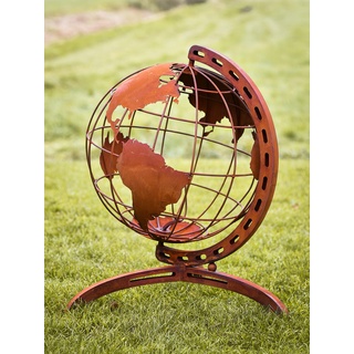 Edelrost Weltkugel Globus XXL 120cm mit Feuertopf Metall Gartendeko Rost von Steinfigurenwelt