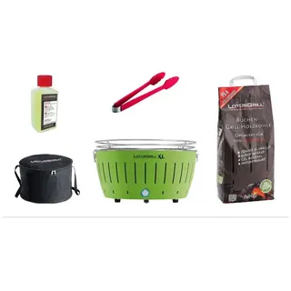 LotusGrill Holzkohlegrill LotusGrill XL Starter-Set XL Grill Limettengrün mit USB-Anschluß 5tlg