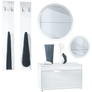Vladon Garderoben-Set Espoo, (Flur Garderobe, mit Schuhbank, 2 Wandpaneel und 2 Runde Wandspiegel), Weiß matt/Weiß Hochglanz weiß