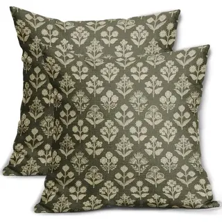 Set Mit 2 Rustikalen Dekokissenbezügen Mit Vintage-blumenmuster Für Outdoor, Landhausstil, Frühling, Sommer, Sofa, Bett, 45,7 X 45,7 Cm, Olivgrün