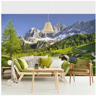 Bilderdepot24 Fototapete Berge Steiermark Almwiese Natur Landschaft Wanddeko, Glatt, Matt, (Vliestapete inkl. Kleister oder selbstklebend), Wohnzimmer Schlafzimmer Küche Flur Motivtapete Vliestapete Wandtapete grün 3.84 m x 2.55 m