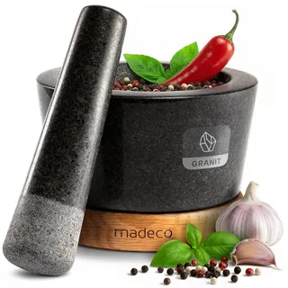madeco Mörser Granit Mörser mit Stößel auf Holzsockel - für Gewürze & Kräuter, (Set, 2-tlg), Ø 14,5 x 10 cm, 450 ml Füllvolumen beige