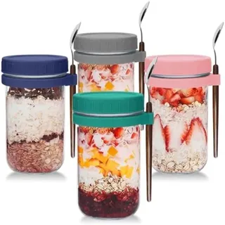 PromoHome® Glas Müsli und Joghurt Becher Set von 4 - 600ml Wiederverwendbare Einmachgläser mit Auslaufsicherem Deckel und Löffel - Geeignet - Hellblau