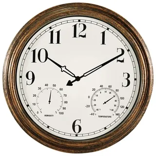 SMILEMARY 40,6 cm große Outdoor-Wanduhr, wasserdicht, Vintage, Nicht tickende Uhr mit Thermometer und Hygrometer, batteriebetriebene Uhr, Wanddekoration, Bronze