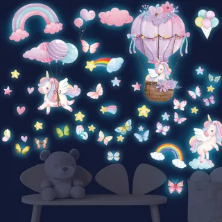 HSDSH Einhorn Wandtattoo Kinderzimmer Leuchtsterne, Leuchtender Wandaufkleber Mädchenzimmer Regenbogen Leuchtsticker, Leuchtaufkleber Wandsticker Selbstklebend Babyzimmer Deko Geschenke für Mädchen