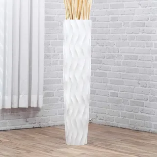 Leewadee Große Hohe Bodenvase 85 cm - Handgefertigte Mangoholz-Bodenvase in Weiß für Pampasgras & Trockenblumen