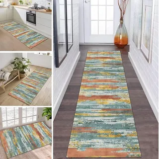 Teppich Läufer Flur Küche rutschfest waschbar Teppichläufer Lang 60X250CM Grün Orange Gold Polyester Küchenläufer Teppich Meterware Korridor Tepiche Esszimmer Eingang Wohnzimmer Schmutzfangmatte
