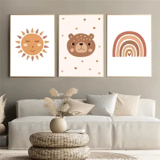 3er Set Poster Regenbogen Wolken Sonne Bär Alphabet Kinderzimmer Deko Set Junge Mädchen Babyzimmer Kinderbilder - ohne Bilderrahmen (Stil 2,50x70cm)