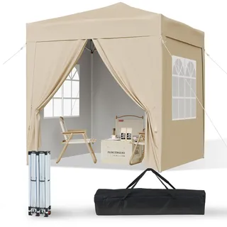 Aoxun Pop Up Pavillon 2x2m Wasserdicht mit 4 Seitenwänden, Metallrahmen-Schutzzelt, Höhe Verstellbar, Faltpavillon 2x2 mit Tragetasche für Camping Party,Beige