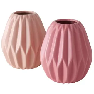 Deko Vase 2er Set Gemometrisches Design aus Keramik Matt Höhe 14 cm Blumenvase Tischddekoration Modern und Dekorativ Rosa