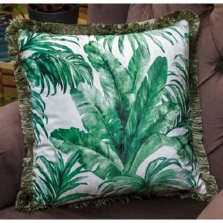 Casa Padrino Luxus Deko Kissen Palmenblätter Design Weiß / Grün 45 x 45 cm - Bedrucktes Samt Kissen mit Fransen - Wohnzimmer Deko