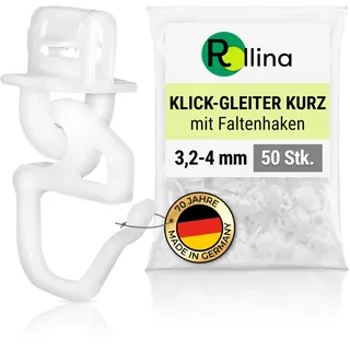Rollina klick-Gleiter kurz | Gardinenhaken für 3,2-4mm Gardinenschiene | 50 Stück | Vorhang Haken kurz | Auch für Wohnwagen Wohnmobil Caravan LKW geeignet | Gardinengleiter | Made in Germany