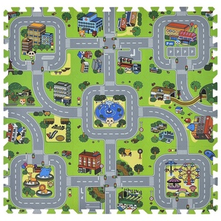 Juskys Puzzlematte Jascha, Straßenteppich, Stadt mit Straßen, Tieren und viele Details bunt|grün 90 cm x 90 cm x 1 cm