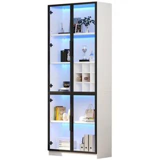 autolock Glasvitrine Vitrine,Glasvitrine mit Glastüren mit LED,Hochschrank,Bücherschrank Standvitrine,Weinschrank Eleganter Sideboard mit Doppeltüren,Glasregal weiß