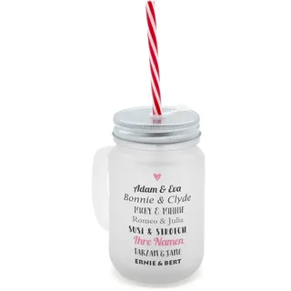 printplanet® - Trinkglas mit Henkel und Strohhalm - personalisiert mit Namen - Motiv Berühmte Paare - Henkel-Glas satiniert mit Deckel und Mehrweg-Trinkhalm