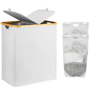 AdelDream 140L Wäschekorb mit Deckel 2 Fächer Wäschekorb Wäschesack schmal Wäschesortierer Wäschebox Wäschetonne Wäschesammler mit Deckel Wäschetruhe Wäschekörbe laundry baskets Hellgrau