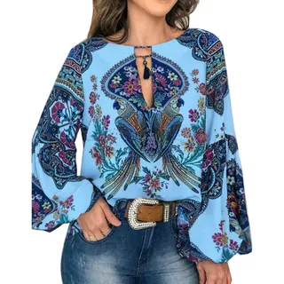 ORANDESIGNE Damen Vintage Bohemian Blusen Hippie Blumen Bluse Boho Tunika Elegante Oberteile Tops Langarm Shirt B Blau XL - XL