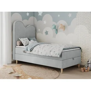 MKS MÖBEL Kinderbett FLOW (Set, Packung, H3-Matratze, Topper, Bettkasten, Jugendbett), Boxspringbett für Kinder, mit hohem Kopfteil, Einzelbett mit Matratze grau