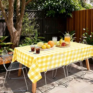 Hiasan Karierte Tischdecke Outdoor wetterfest aus Polyester, abwaschbar schmutzabweisend wasserabweisend knitterfrei Tischtuch für bierzeltgarnitur Esszimmer Party Garten, 130x160cm Gelb und Weiß