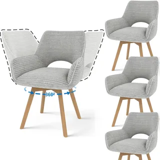 JIJIAN 4er Set 360° Drehbare Esszimmerstühle mit Armlehnen, Grau | Drehbar Stühle Esszimmer mit Holzbeinen, Moderner Küchenstuhl aus Cord, Polsterstuhl für Esszimmer, Küche, Wohnzimmer