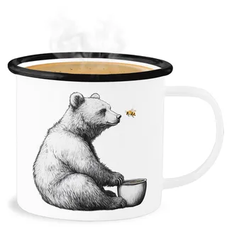 Emaille Becher Blechbecher - Tassen - Bär mit Honigtopf und Biene I Waldtiere Geschenk Bären Zeichnung I Geschenk Freundschaft Tiere - 300 ml - Weiß Schwarz