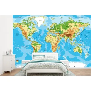 MuchoWow Fototapete Weltkarte - Atlas - Farben - Kinder - Jungen - Mädchen, Matt, bedruckt, Wallpaper für Wohnzimmer, Schlafzimmer, Vinyl Tapete, 390x260 cm bunt 3.9 m x 3 m