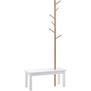 HOMCOM Garderobenständer Kleiderhaken Garderobe mit Sitzbank Baum-Design Zweige 6 Haken Eingangsbereich MDF + Bambus Weiß + Natur 80 x 30 x 180 cm