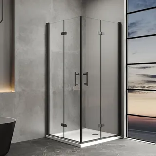IMPTS Duschkabine 90x100 cm Falttür Eckeinstieg Schwarz Doppel Drehfalttür Duschtüren 180o Eckig Faltbar Dusche Duschwand Duschabtrennung 6mm NANO Sicherheitsglas mit Duschwanne, Höhe 195cm
