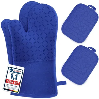 MILCEA Ofenhandschuhe Topflappen Topfhandschuhe 4er Set Ofenhandschuhe Hitzebestaendig bis 300°C, Rutschschutz, Verlängern, Weich, Backhandschuhe Kochhandschuhe Oven Gloves, Blau