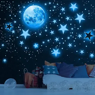 1049 Stück Leuchtsticker Wandtattoo Leuchtsterne Selbstklebend Kinderzimmer Wandsticker Mond und Sterne Fluoreszierend Wandaufkleber, Aufkleber F...