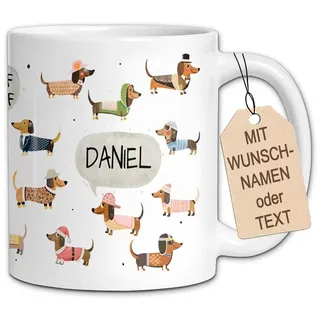 Personalisierte Dackel Tasse Retro Style | Lustiger Hunde Becher mit Namen | Keramiktasse mit Dackeln im Pullover & Brille | Geschenk für Dackel Mama & Papa