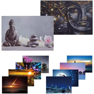 2er-Set LED-Bild, Leinwandbild Leuchtbild Wandbild 40x60cm, Timer ~ Buddha + Kerzen