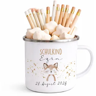 Personalisierte Einschulung Tasse 2026 mit Name & Datum – Schulkind Geschenk Junge & Mädchen – Emaille Becher beidseitig bedruckt – 28 Motive – Schulstart 1. Klasse (Fuchs Ezra)