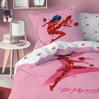 MTOnlinehandel Miraculous Bettwäsche 135x200 + 80x80 - Ladybug Marienkäfer - Fanartikel, Kinder-Bettwäsche, Teenager-Bettwäsche für Mädchen und Jungen, 100% Baumwolle, rosa