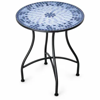 Mosaik Gartentisch Rund Ø 60 cm, Metall, Bistrotisch Outdoor | Mediterranes blau-weißes Mosaikmuster als Blickfang – kleiner Balkontisch mit stabilem Metallgestell für Balkon und Terrasse