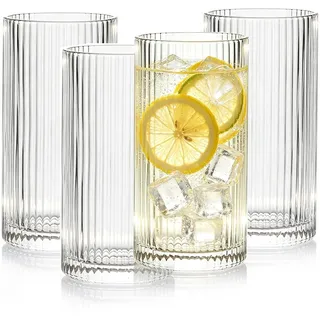 Calenxy 370ml Geriffelte Longdrinkgläser 4er-Set Premium Trinkgläser Set, Cocktailgläser Set, Hochwertige Cocktailgläser & Trinkgläser für Eiskaffee Bier Wasser Saft Mojito für Familie Camping Party