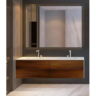 Henneke Doppelwaschtisch Corian® WoodOne+ eckig mit Unterschrank zweireihig, Fugenlos aus Mineralwerkstoff 140 cm x 50 cm x 50 cm