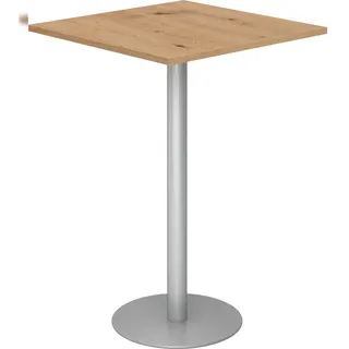 bümö Stehtisch Büro, Bistrotisch eckig 80 x 80 cm - Bartisch Asteiche, Stehtisch Holz-Platte, Säule aus Metall in silber, Buffettisch, Säulentisch,